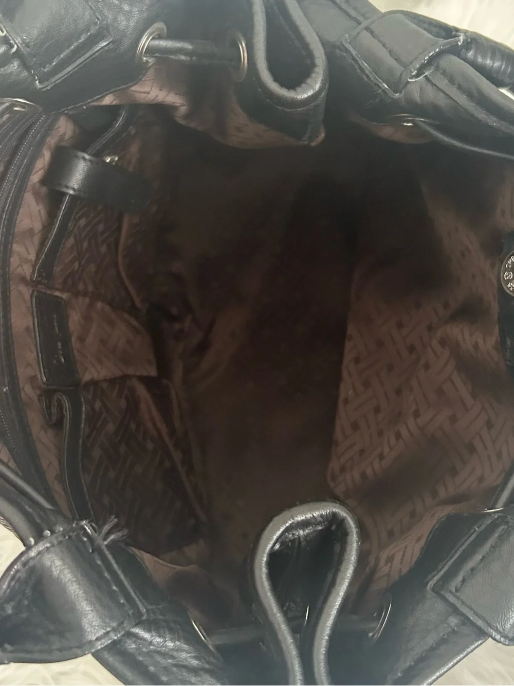 Cole Haan Black Pebbled Leather Bucket Bag Drawstring Tassel Braided Handle Tote